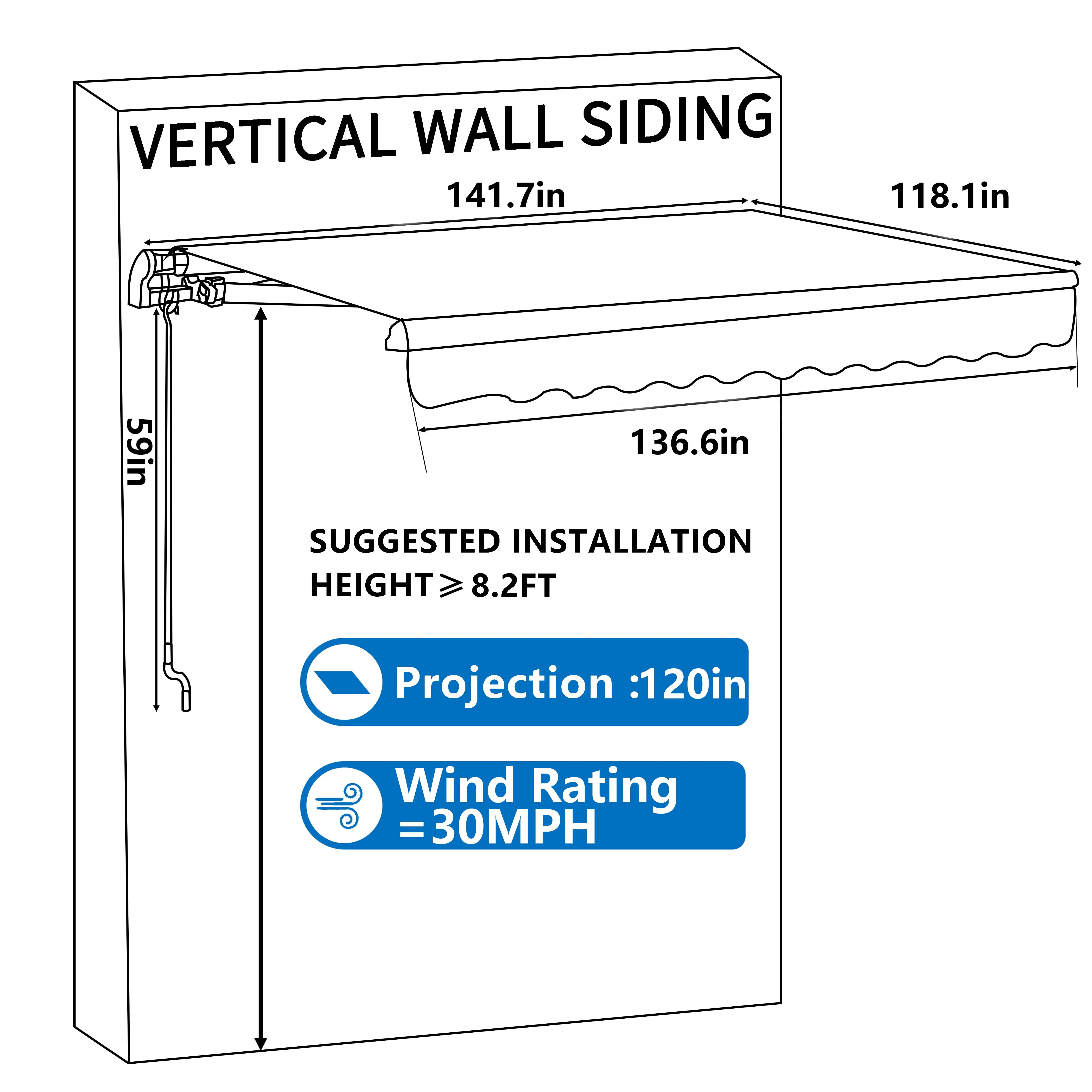 12'x10' Outdoor Awning, Patio Retractable Sun/Rain Shelter w/Manual Crank, Gray