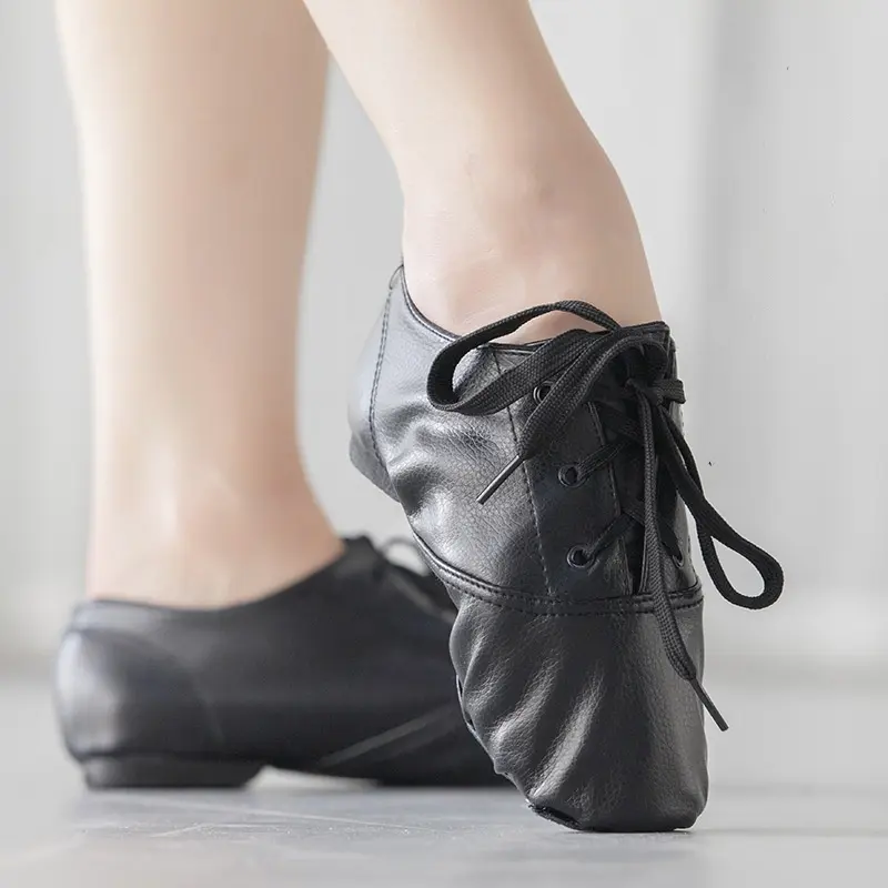 XIHAHA Child PU Leather Dancing Shoes Low Top Mens Jazz Shoes Women Split Sole Soft Sneaker Gym Dance Black