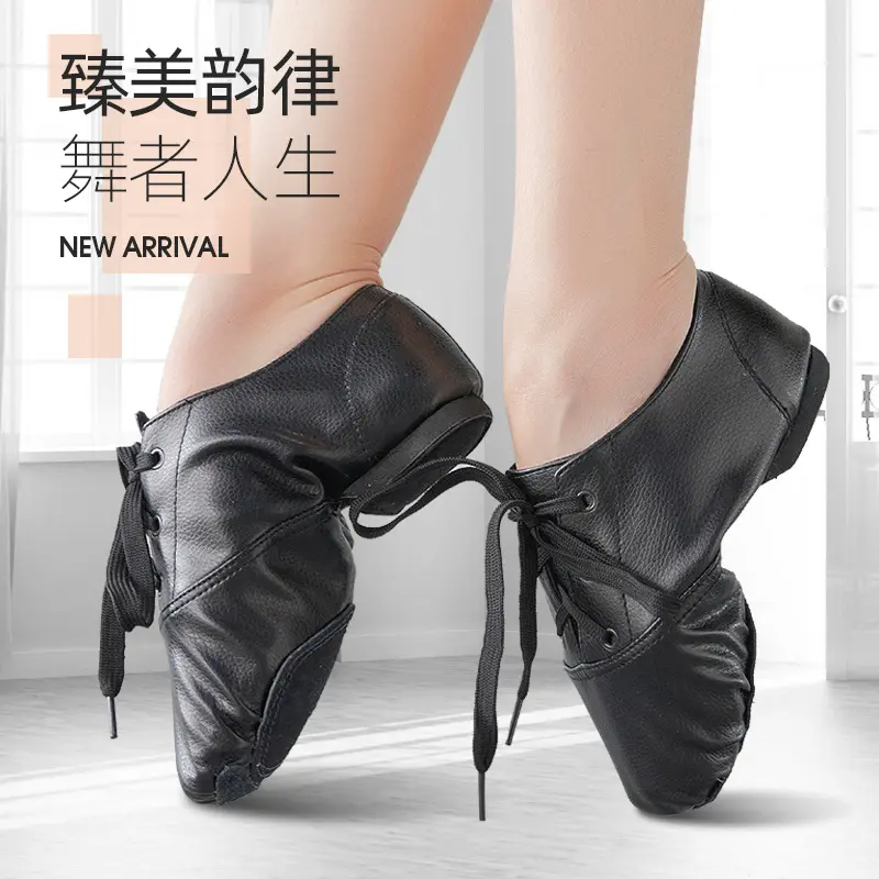 XIHAHA Child PU Leather Dancing Shoes Low Top Mens Jazz Shoes Women Split Sole Soft Sneaker Gym Dance Black