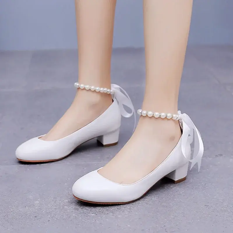 XIHAHA Fashion Girl Coarse Heel Casual Shoes Women White Sandals Woman Wedding Shoe Thin Outdoor Dance Shoes Mujer