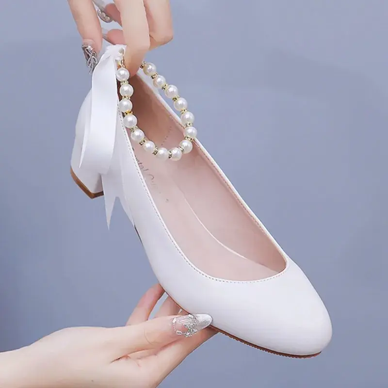 XIHAHA Fashion Girl Coarse Heel Casual Shoes Women White Sandals Woman Wedding Shoe Thin Outdoor Dance Shoes Mujer