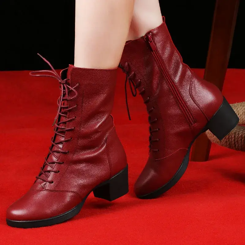 XIHAHA Genuine Leather Women Mesh Boots Latin Dance Shoes Soft Soled Women's Middle Heel Social Dance Sailor Square Dancing