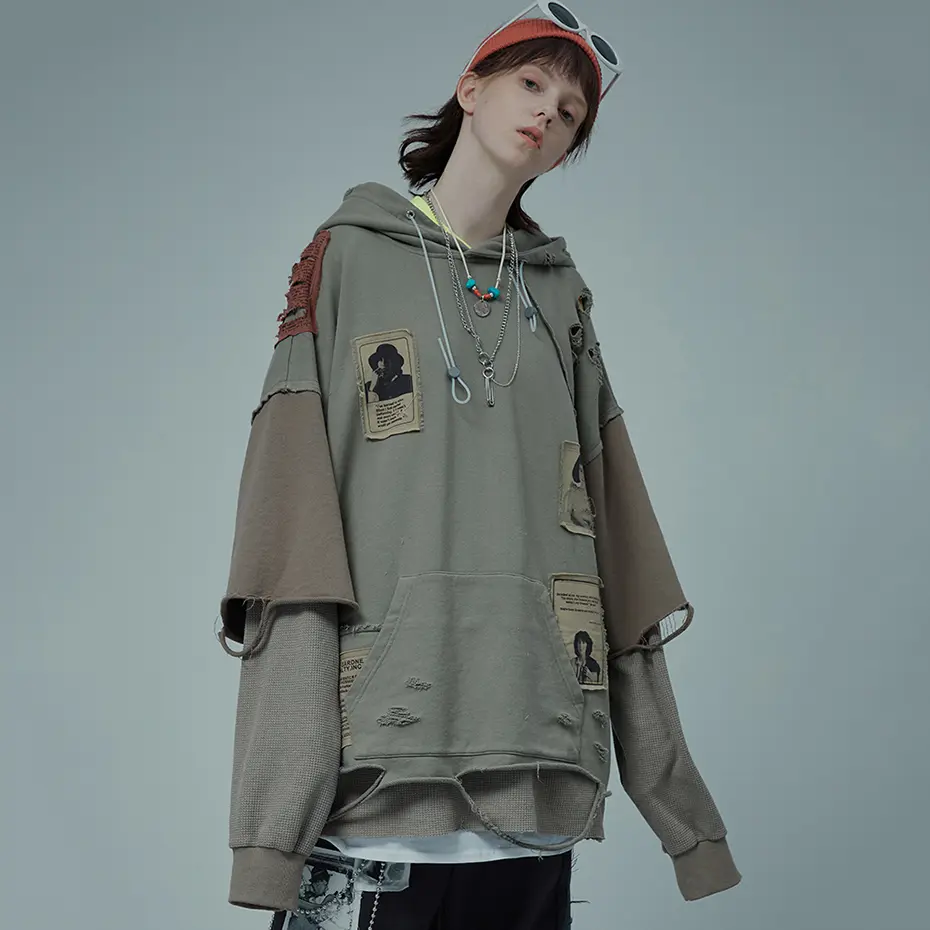 Hip Hop Hoodie Broken Patchwork Oversized Pullover Sweatshirt Streetwear Harajuku Y2K Hoodies Loose Casual Tracksuit