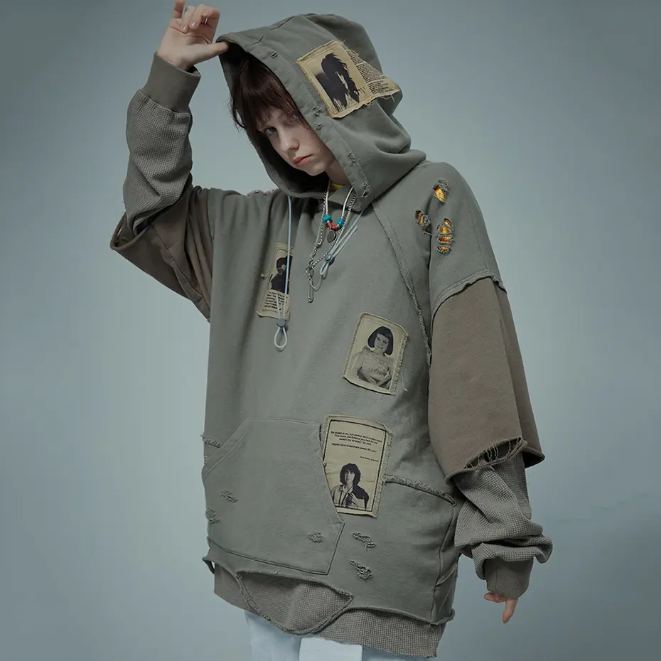 Hip Hop Hoodie Broken Patchwork Oversized Pullover Sweatshirt Streetwear Harajuku Y2K Hoodies Loose Casual Tracksuit