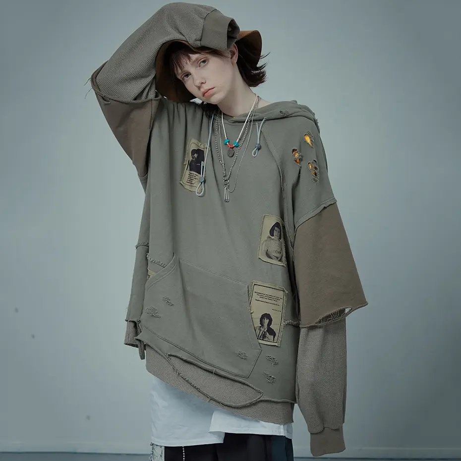 Hip Hop Hoodie Broken Patchwork Oversized Pullover Sweatshirt Streetwear Harajuku Y2K Hoodies Loose Casual Tracksuit