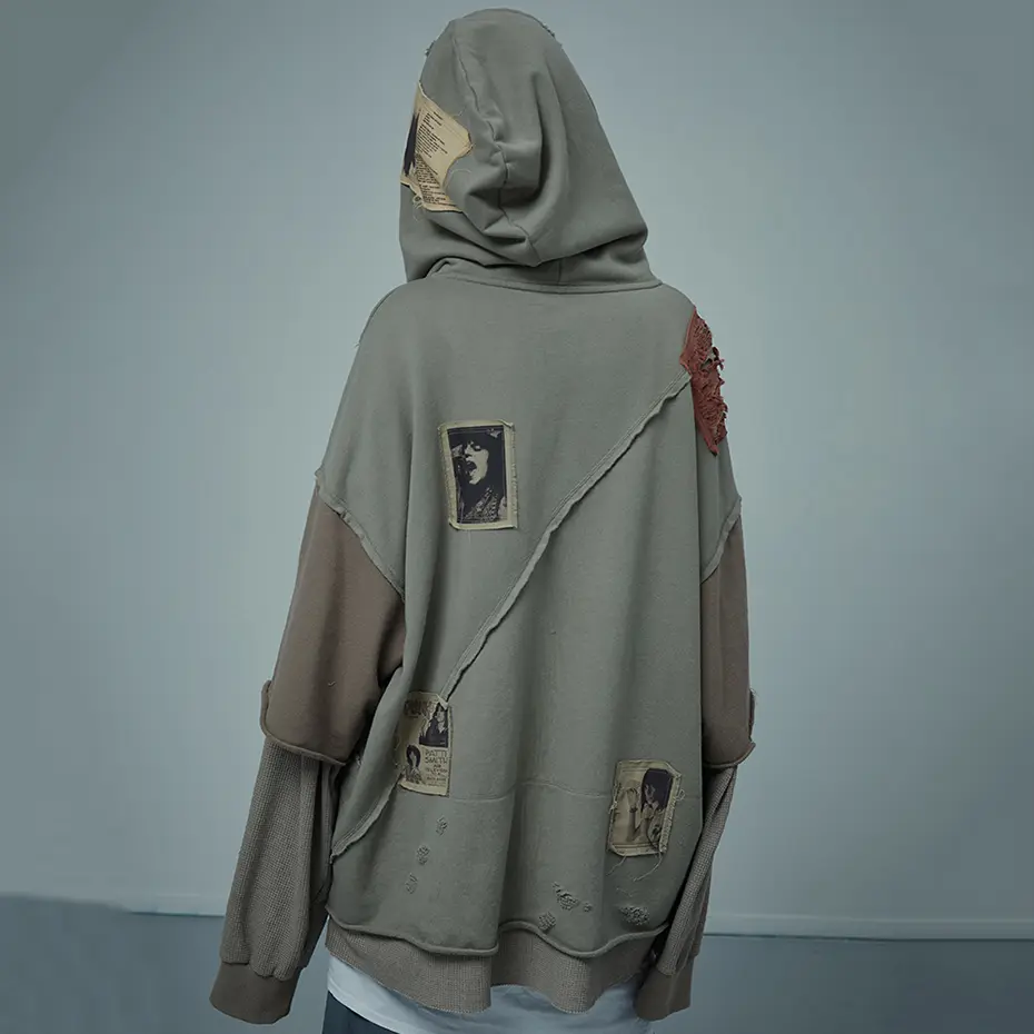 Hip Hop Hoodie Broken Patchwork Oversized Pullover Sweatshirt Streetwear Harajuku Y2K Hoodies Loose Casual Tracksuit