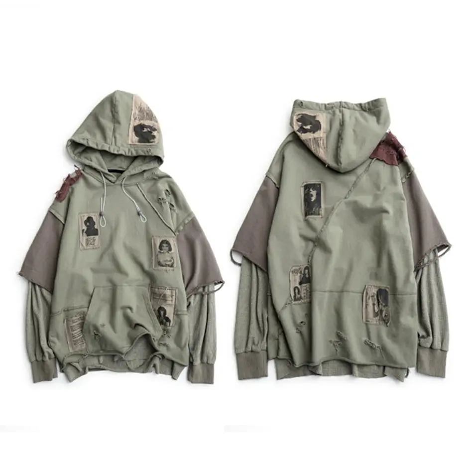 Hip Hop Hoodie Broken Patchwork Oversized Pullover Sweatshirt Streetwear Harajuku Y2K Hoodies Loose Casual Tracksuit