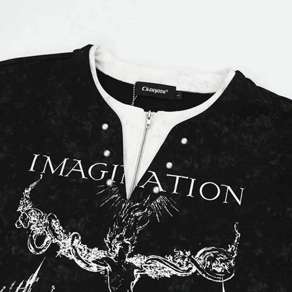 Gothic Punk T Shirt Black Fake Two Piece Long Sleeve Tee Tops Men's Streetwear Harajuku Oversized Hip Hop T-shirts