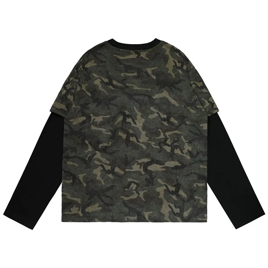 Vintage Camouflage T Shirts Fake Two Piece Loose Long Sleeve T-shirts Streetwear Harajuku Hip Hop Oversized Tshirts Tee Tops