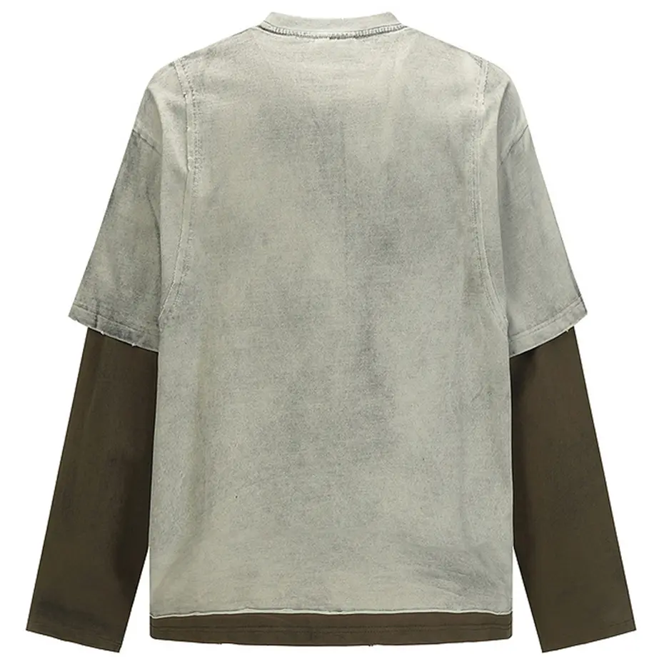 Men Vintage Long Sleeve T-shirts Fake Two Piece Oversized T Shirt Streetwear Harajuku Hip Hop Tshirts Casual Loose Tee Tops