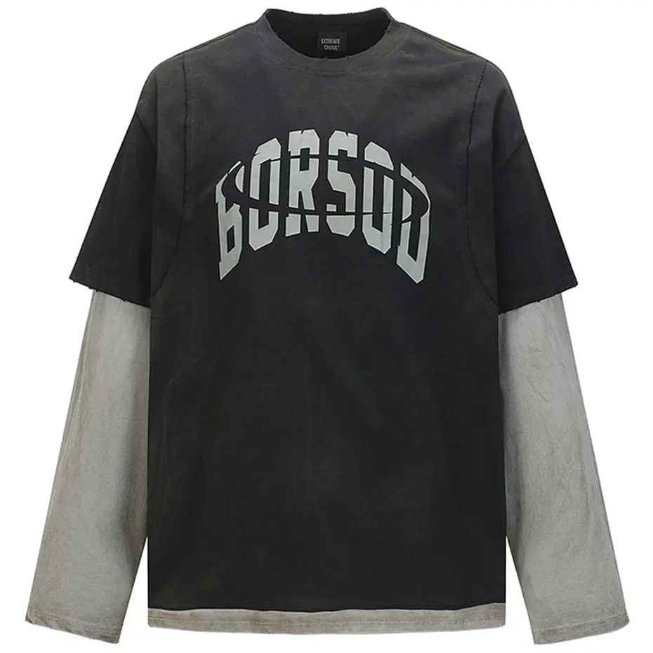 Men Vintage Long Sleeve T-shirts Fake Two Piece Oversized T Shirt Streetwear Harajuku Hip Hop Tshirts Casual Loose Tee Tops