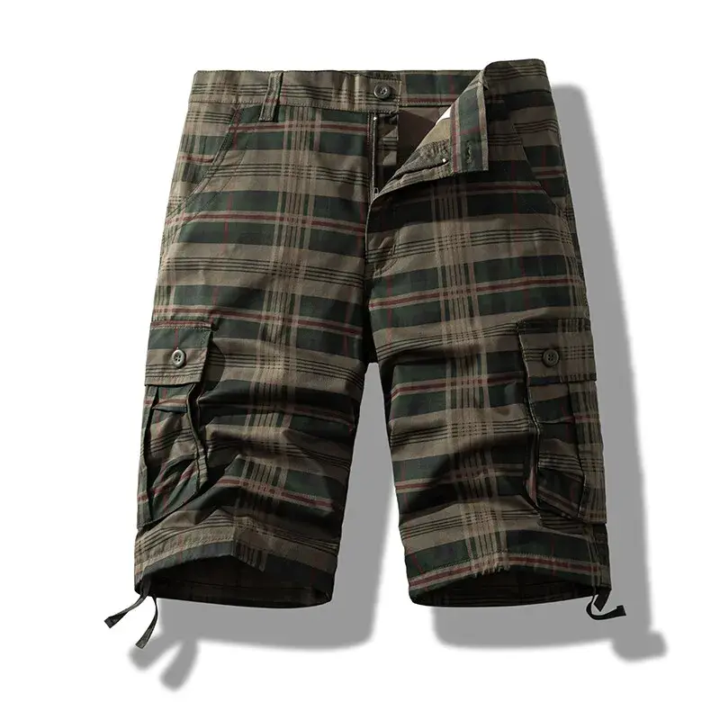 New Summer Men Thin Plaid Casual Shorts Pants Man Cotton Multiple Pockets Cargo Pants Male Loose Tooling Shorts Beach Shorts 44