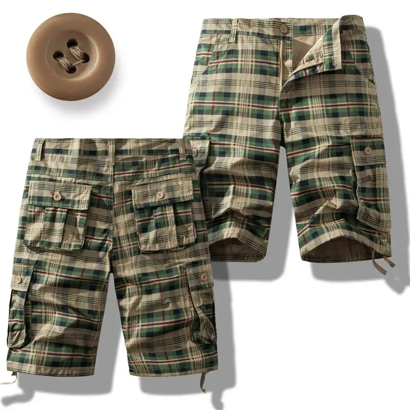 New Summer Men Thin Plaid Casual Shorts Pants Man Cotton Multiple Pockets Cargo Pants Male Loose Tooling Shorts Beach Shorts 44