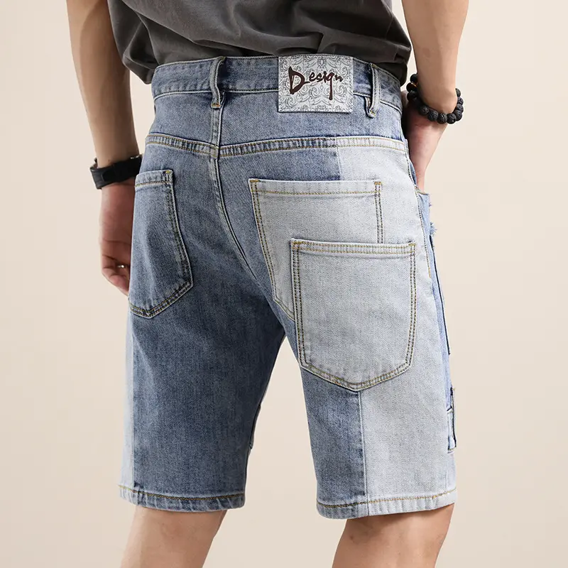 Men Summer Light Blue Ripped Short Jeans New Fashion Spliced High Street Style Man Denim Shorts High Quality Male Jeans Shorts
