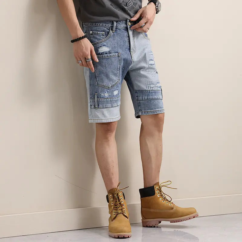 Men Summer Light Blue Ripped Short Jeans New Fashion Spliced High Street Style Man Denim Shorts High Quality Male Jeans Shorts