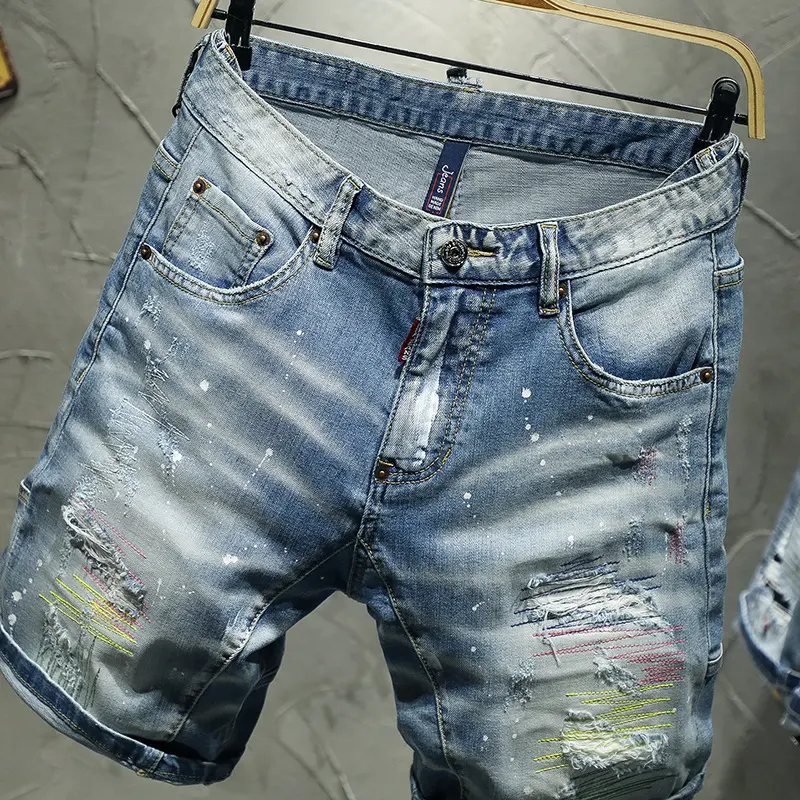High Street Style Men Light Blue Ripped Short Jeans New Summer Man Fashion Denim Shorts High Quality Male Holes Jeans Shorts 38