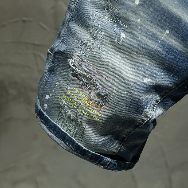 High Street Style Men Light Blue Ripped Short Jeans New Summer Man Fashion Denim Shorts High Quality Male Holes Jeans Shorts 38