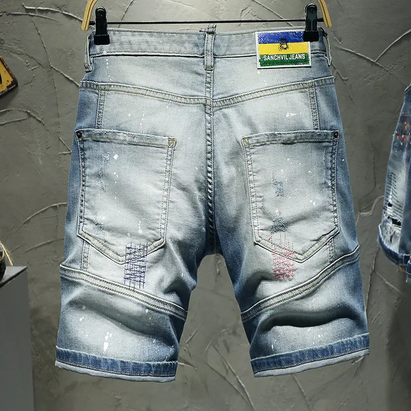 High Street Style Men Light Blue Ripped Short Jeans New Summer Man Fashion Denim Shorts High Quality Male Holes Jeans Shorts 38