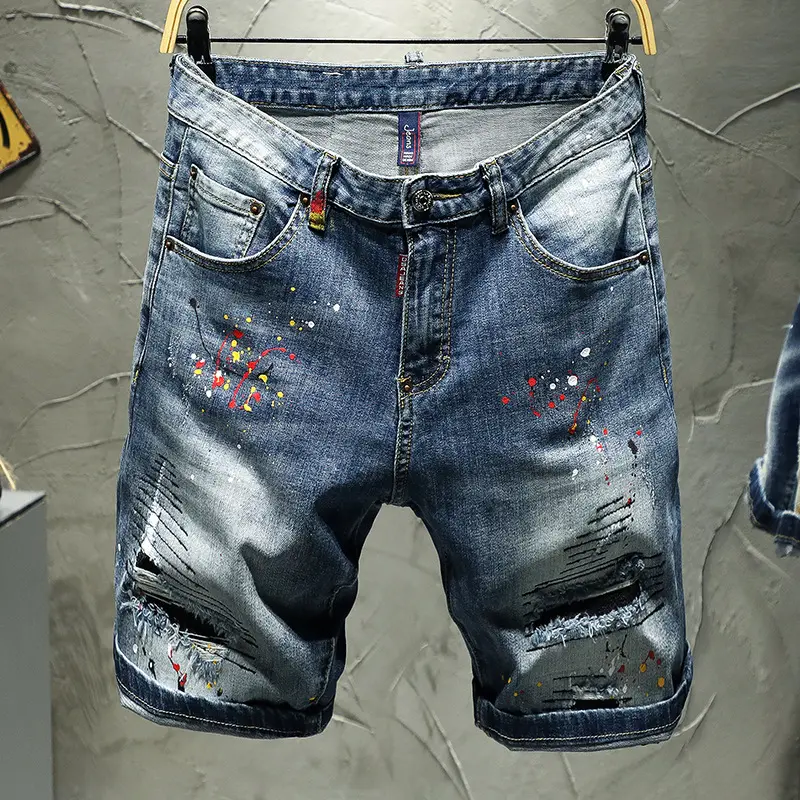 High Street Style Men Light Blue Ripped Short Jeans New Summer Man Fashion Denim Shorts High Quality Male Holes Jeans Shorts 38