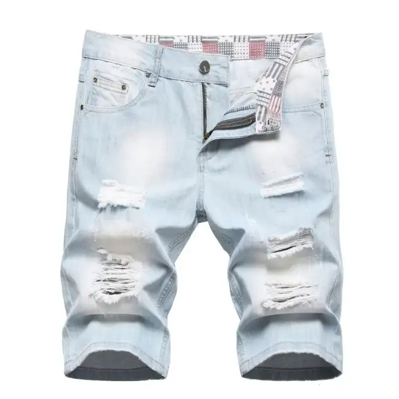 New Summer Men Light Blue Holes Denim Shorts Jeans Good Quality Male Cotton Straight Short Jeans Ripped Knee Length Jeans 42