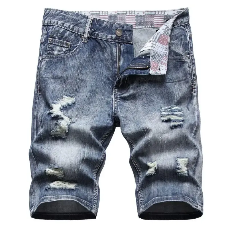 New Summer Men Light Blue Holes Denim Shorts Jeans Good Quality Male Cotton Straight Short Jeans Ripped Knee Length Jeans 42