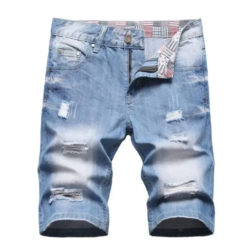 New Summer Men Light Blue Holes Denim Shorts Jeans Good Quality Male Cotton Straight Short Jeans Ripped Knee Length Jeans 42