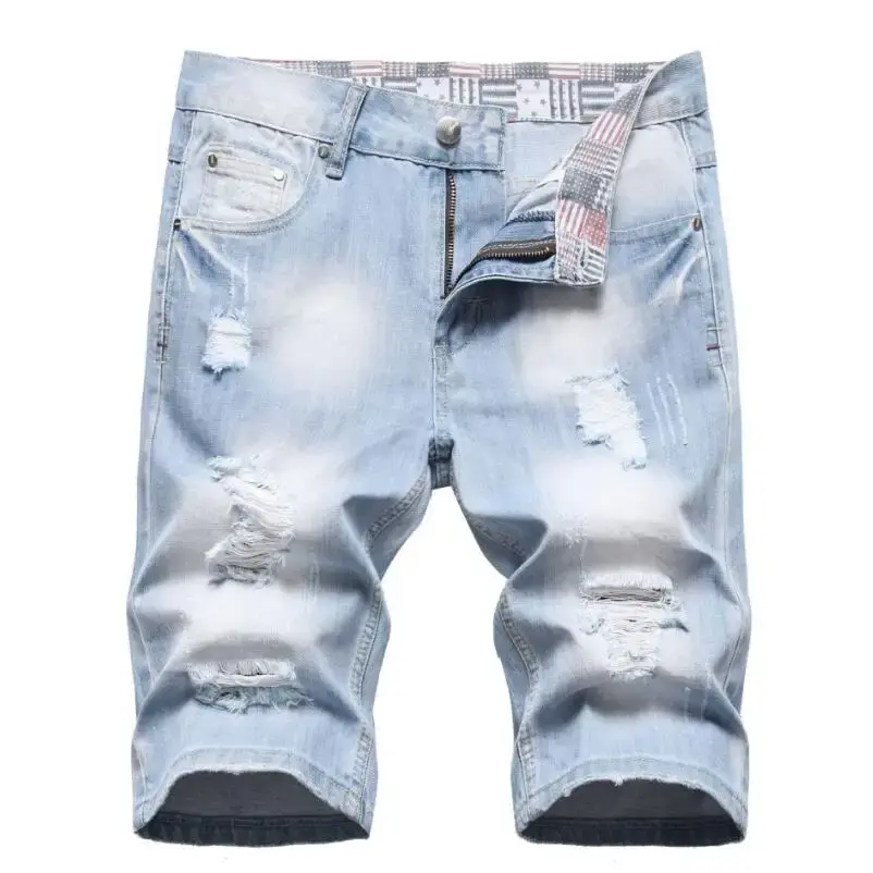 New Summer Men Light Blue Holes Denim Shorts Jeans Good Quality Male Cotton Straight Short Jeans Ripped Knee Length Jeans 42