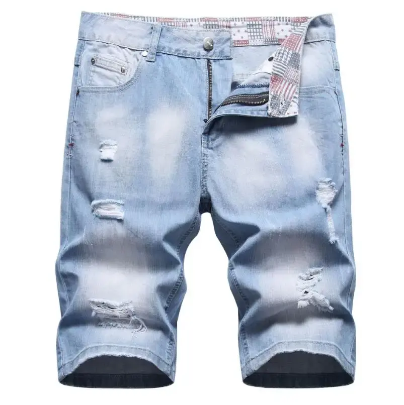 New Summer Men Light Blue Holes Denim Shorts Jeans Good Quality Male Cotton Straight Short Jeans Ripped Knee Length Jeans 42