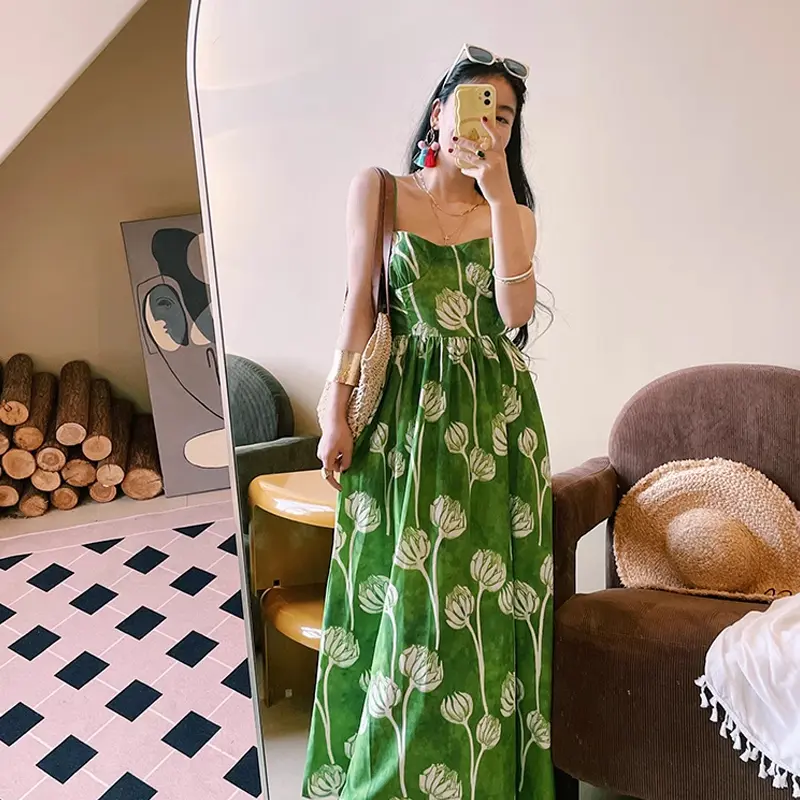 Green Flower High Waist Strap Dress Summer Sexy Vacation Beach Sleeveless Dress