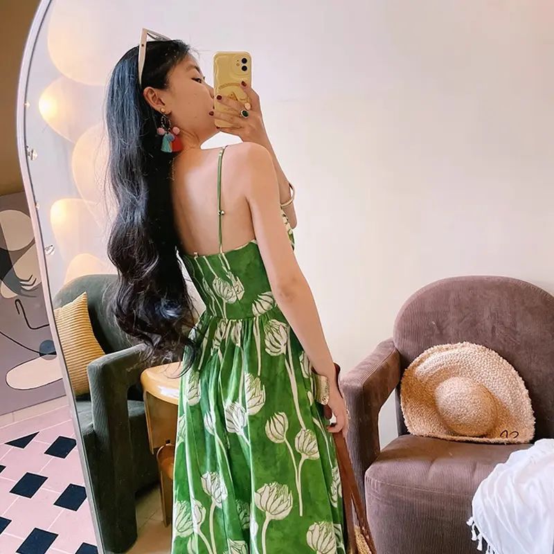 Green Flower High Waist Strap Dress Summer Sexy Vacation Beach Sleeveless Dress