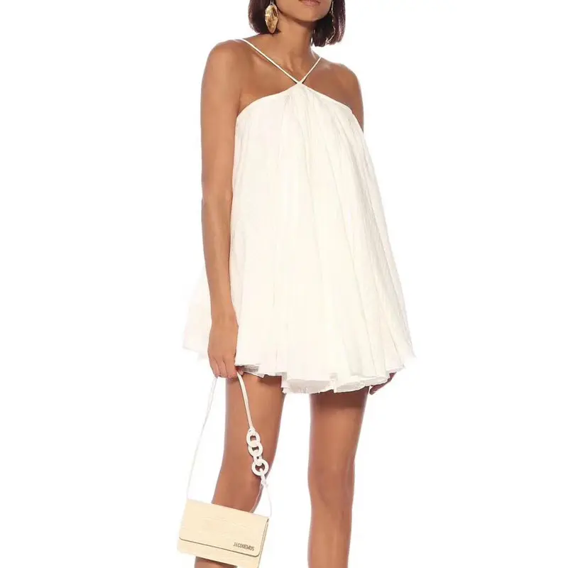 Gentle White Dress Women Pleated Ball Gown Backless Skirt Strapless Hanging Neck Camisole Skirt One-Shoulder Skirt