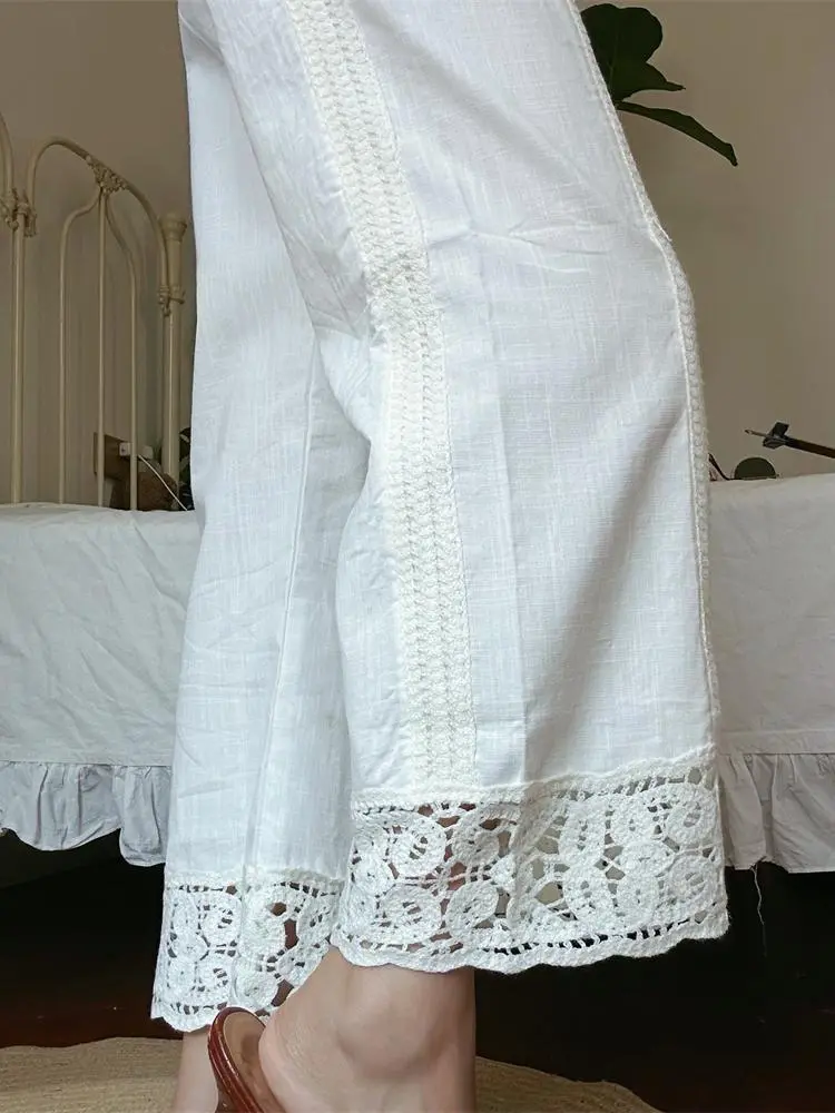 Women's French Commuting Relaxation Loose Casual Embroidered Wide Leg Pants Cotton Hemp White Long Pants