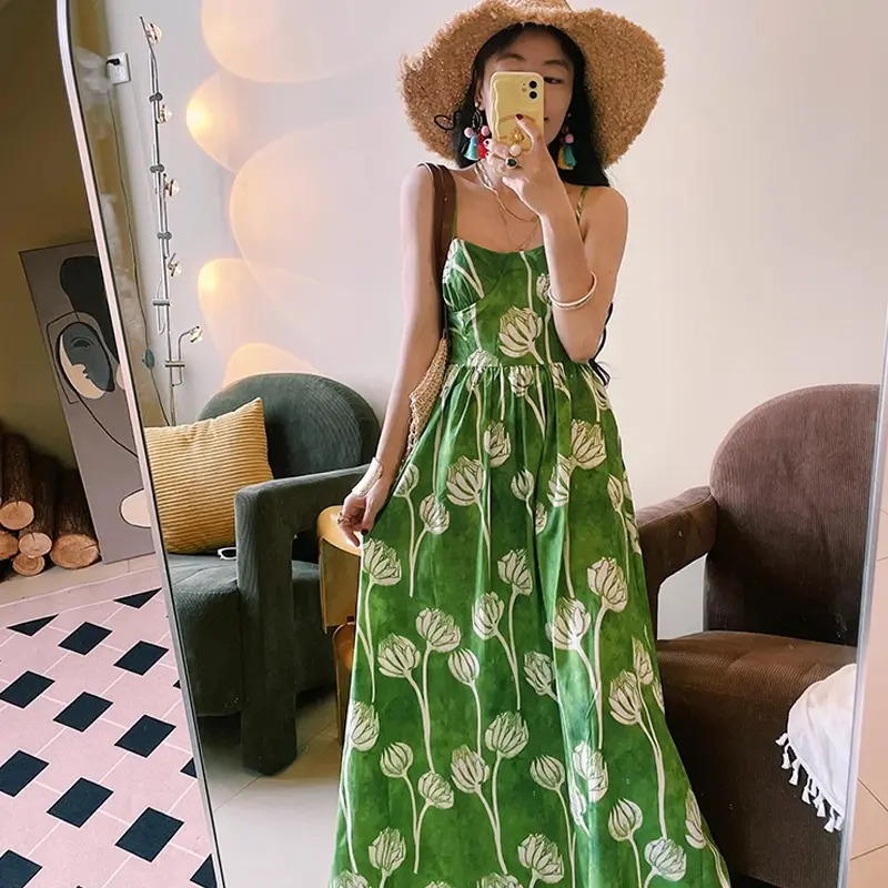 Green Flower High Waist Strap Dress Summer Sexy Vacation Beach Sleeveless Dress