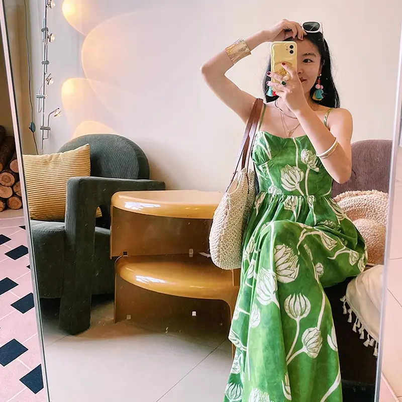 Green Flower High Waist Strap Dress Summer Sexy Vacation Beach Sleeveless Dress