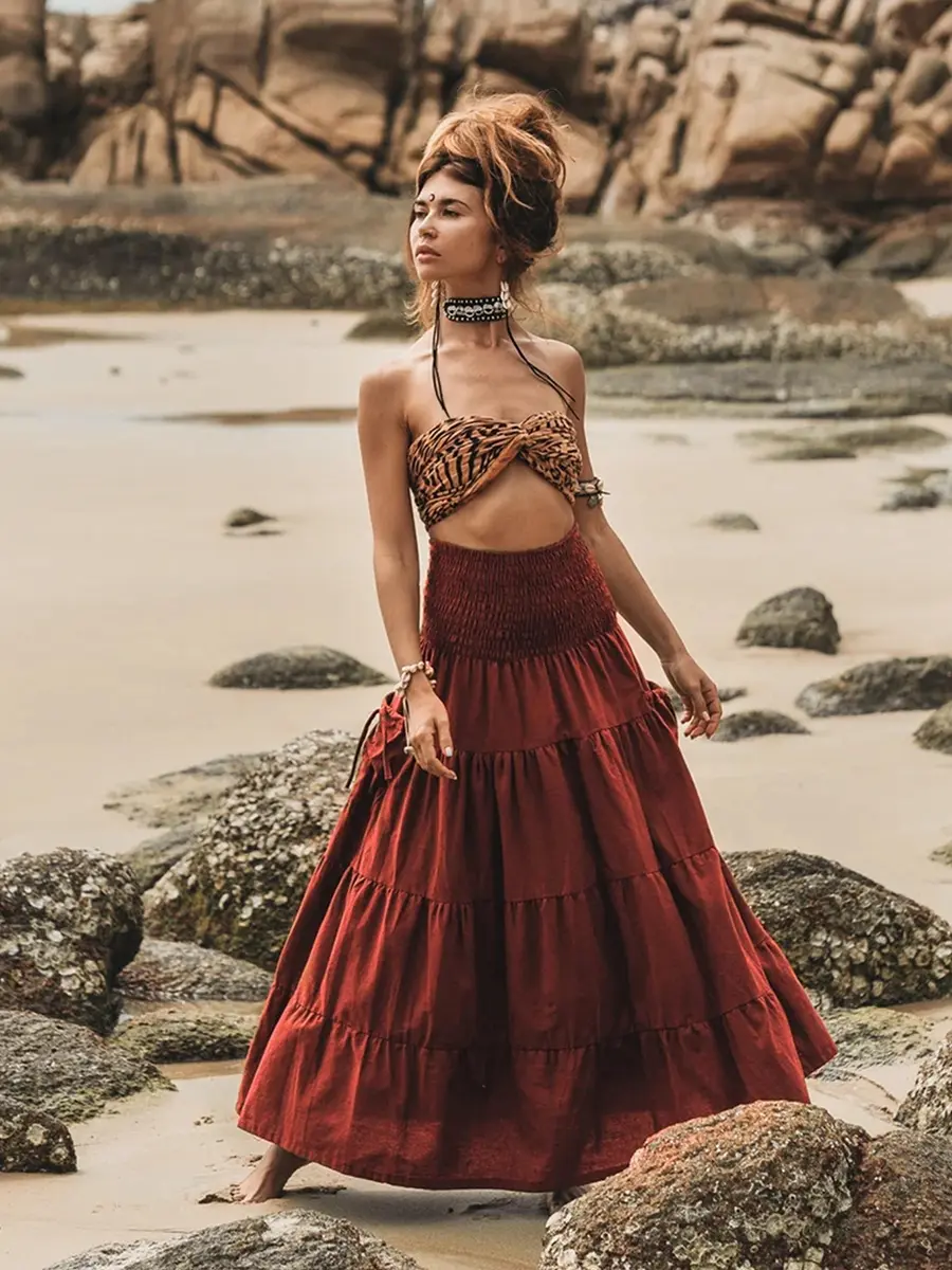 Hippie Style Half Skirt Retro Nepalese Elf Skirt to Wear Forest Witch Strapless Skirt Bohemian Loose Solid Color Long Skirt