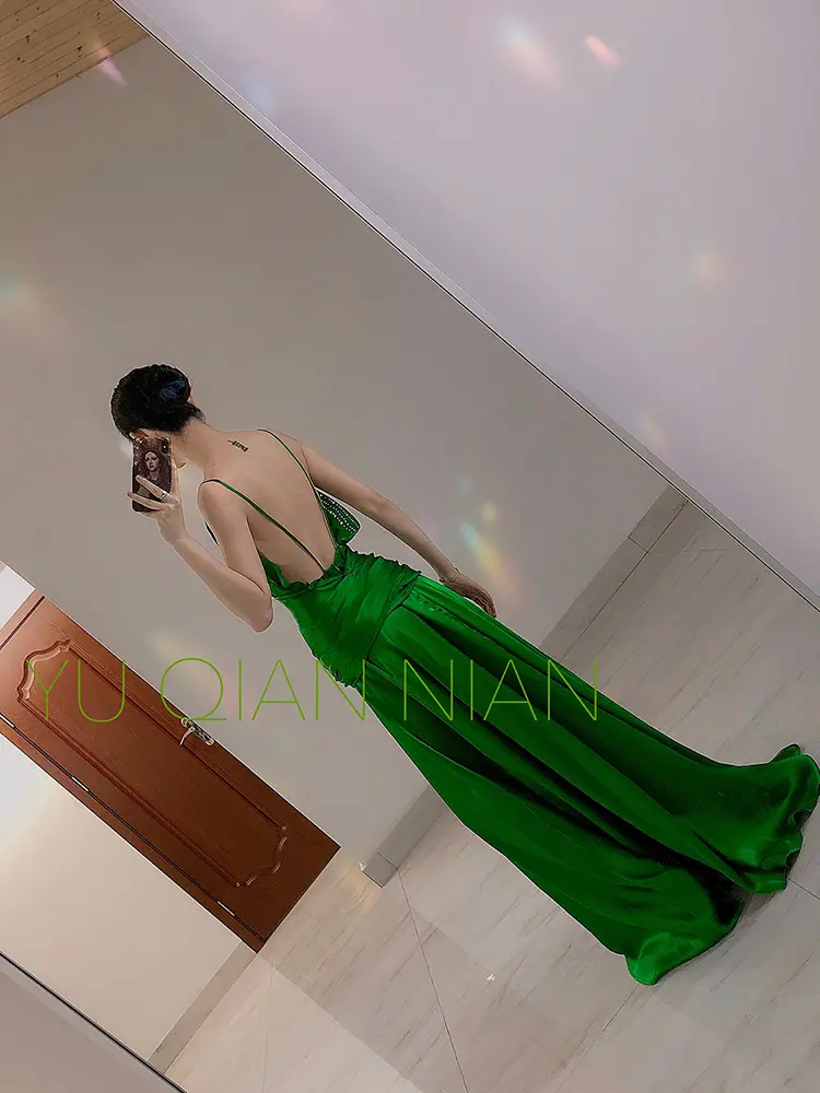 Atonement Green Skirt V-Neck Retro Thin Suspender Dress Vacation Backless Hollow Out Long Skirt Temperament Grace Formal Dress