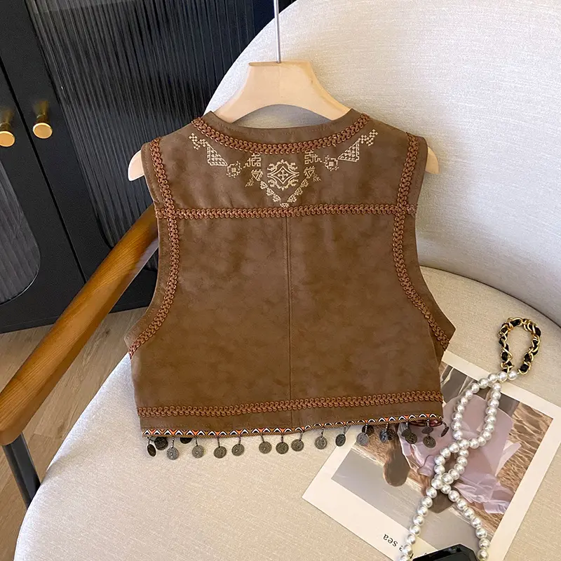 Women's  Retro PU Leather Embroidered Fringe Vest Jacket