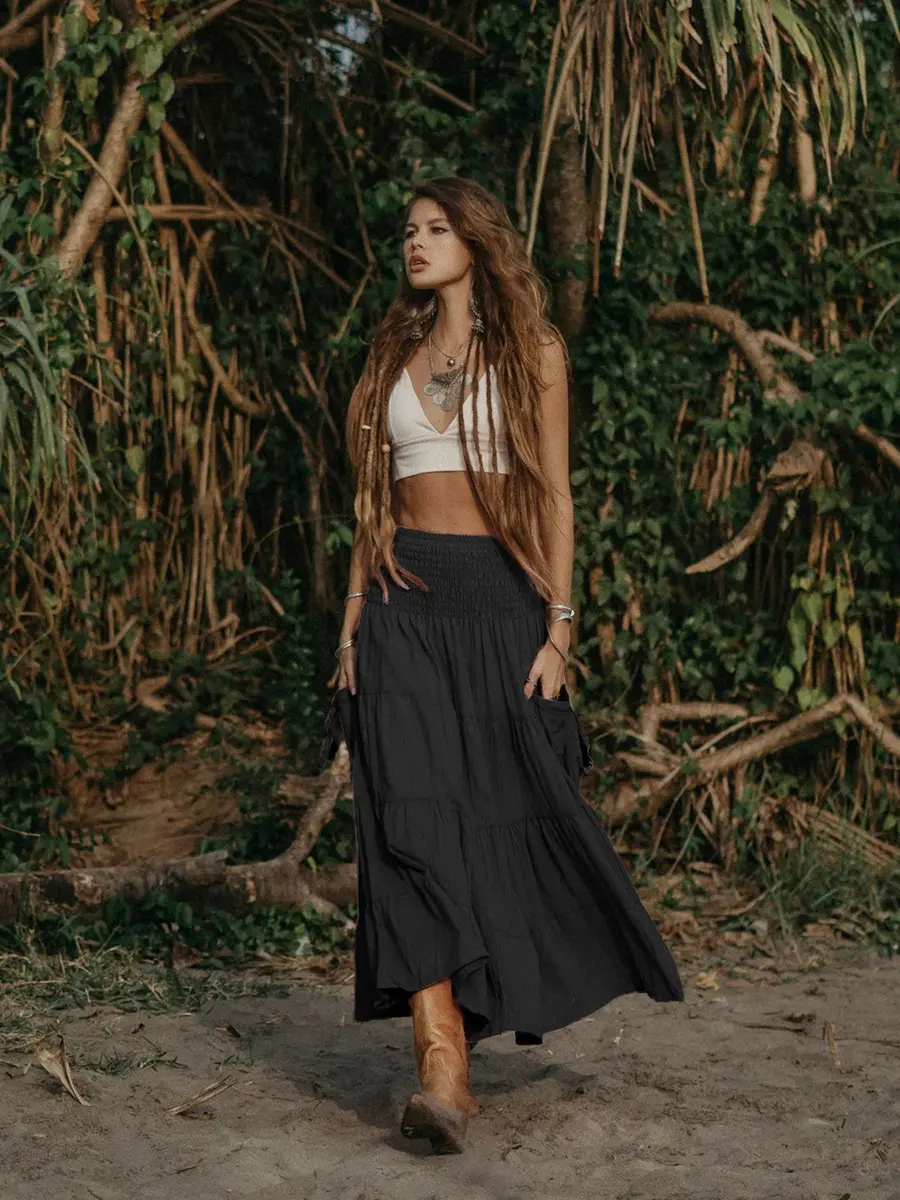 Hippie Style Half Skirt Retro Nepalese Elf Skirt to Wear Forest Witch Strapless Skirt Bohemian Loose Solid Color Long Skirt