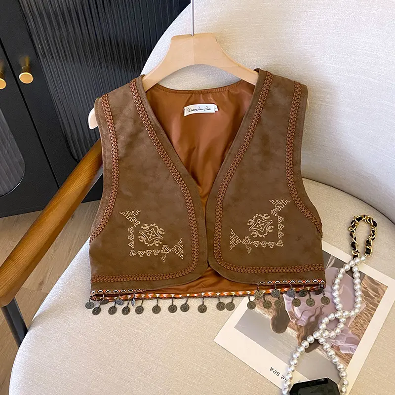 Women's  Retro PU Leather Embroidered Fringe Vest Jacket