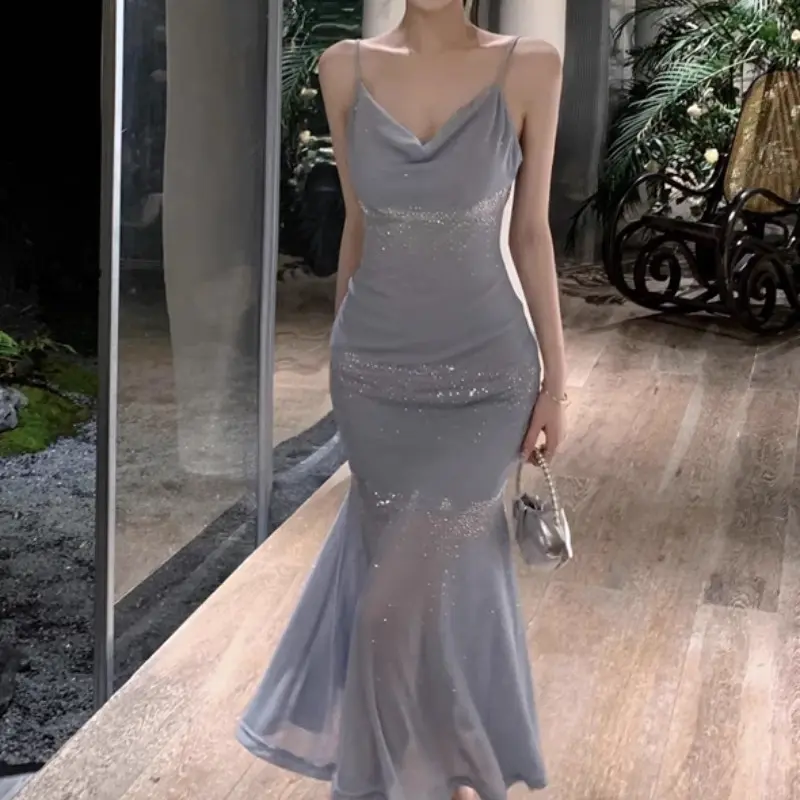 French High-end Rhinestone Strap Dress Women's Summer Swing Collar Sexy Mermaid Wrap Buttocks Skirt