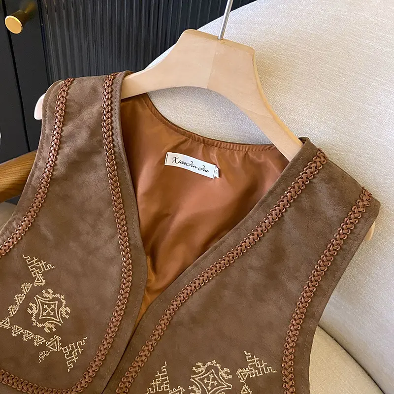 Women's  Retro PU Leather Embroidered Fringe Vest Jacket