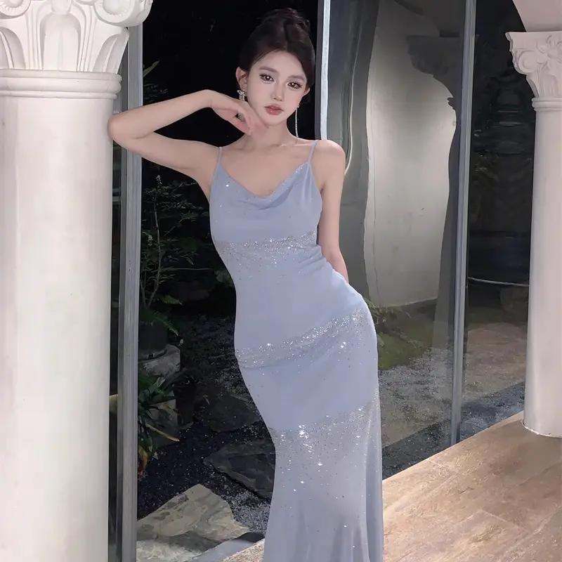 French High-end Rhinestone Strap Dress Women's Summer Swing Collar Sexy Mermaid Wrap Buttocks Skirt