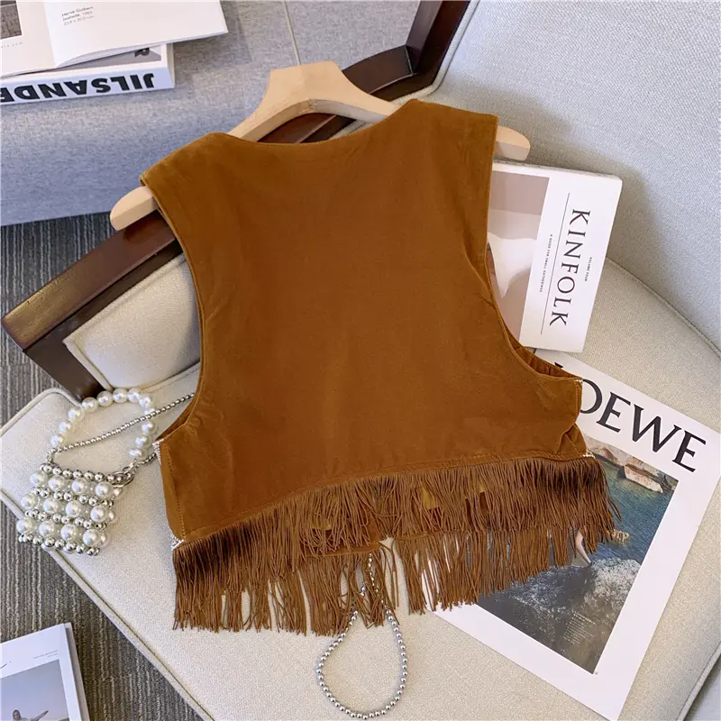 Bohemian National Style Western Denim Brown Suede Embroidered Tassels Vest Short and Versatile Sleeveless Jacket