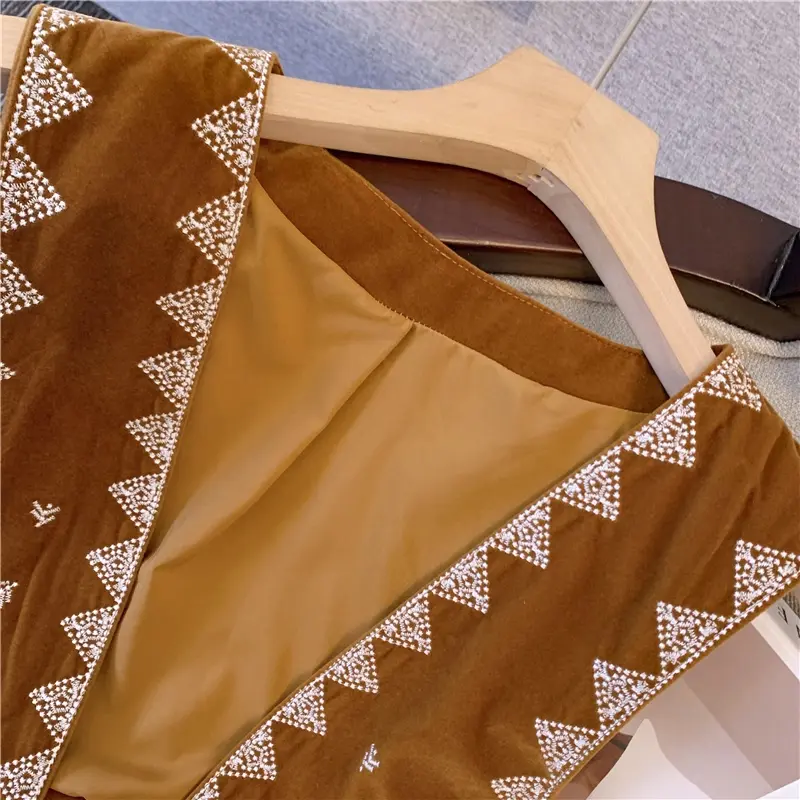 Bohemian National Style Western Denim Brown Suede Embroidered Tassels Vest Short and Versatile Sleeveless Jacket
