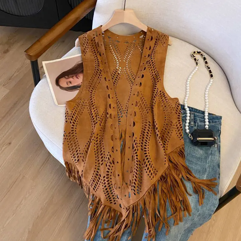 Women's Western Cowboy Wandering Style Retro Suede Fringe Hollow Out Thin Travel Vest
