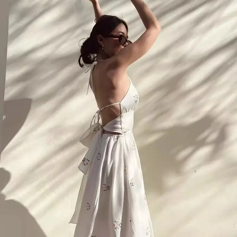 Women's Summer Sleeveless Cotton Hemp Halter Neck Dress Daisy Embroidery Backless Lace Up Long Dress
