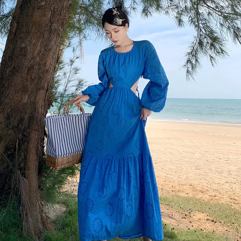 Women's Summer Fashion Retro Blue Hollow Out Long Dress Slim Embroidery Open Backless Holiday Dress