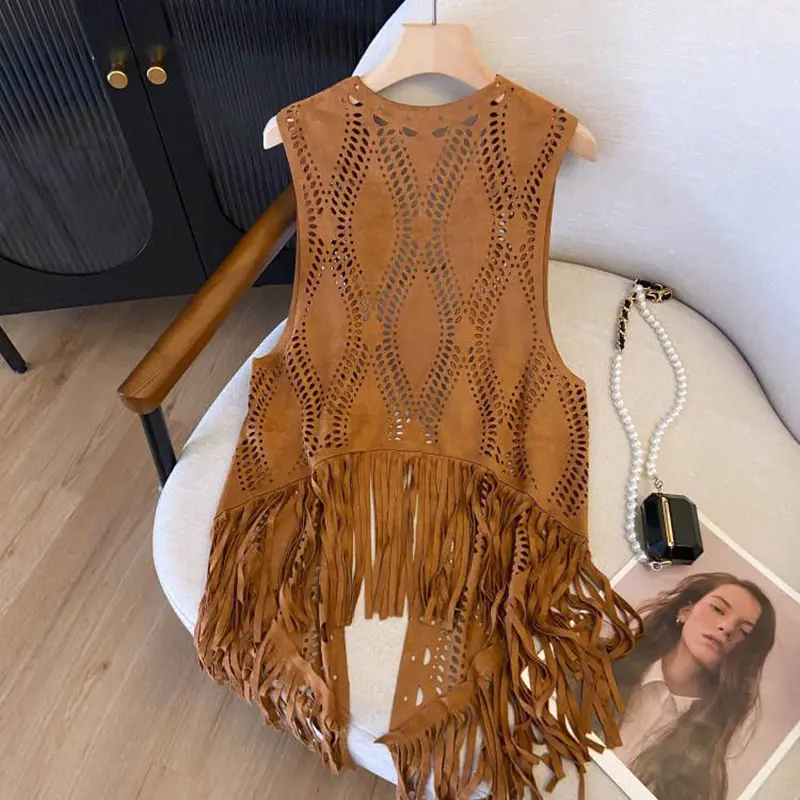 Women's Western Cowboy Wandering Style Retro Suede Fringe Hollow Out Thin Travel Vest