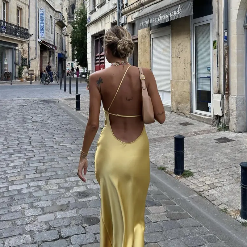 Women's Summer French Yellow Satin Dress Sexy Backless Long Skirt Asymmetric Sling Dress Slim