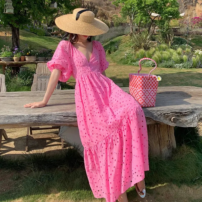 Summer New Vintage Hollow Out Embroidery Short Sleeve Dress V-Neck Bubble Sleeve Sweet Long Dress